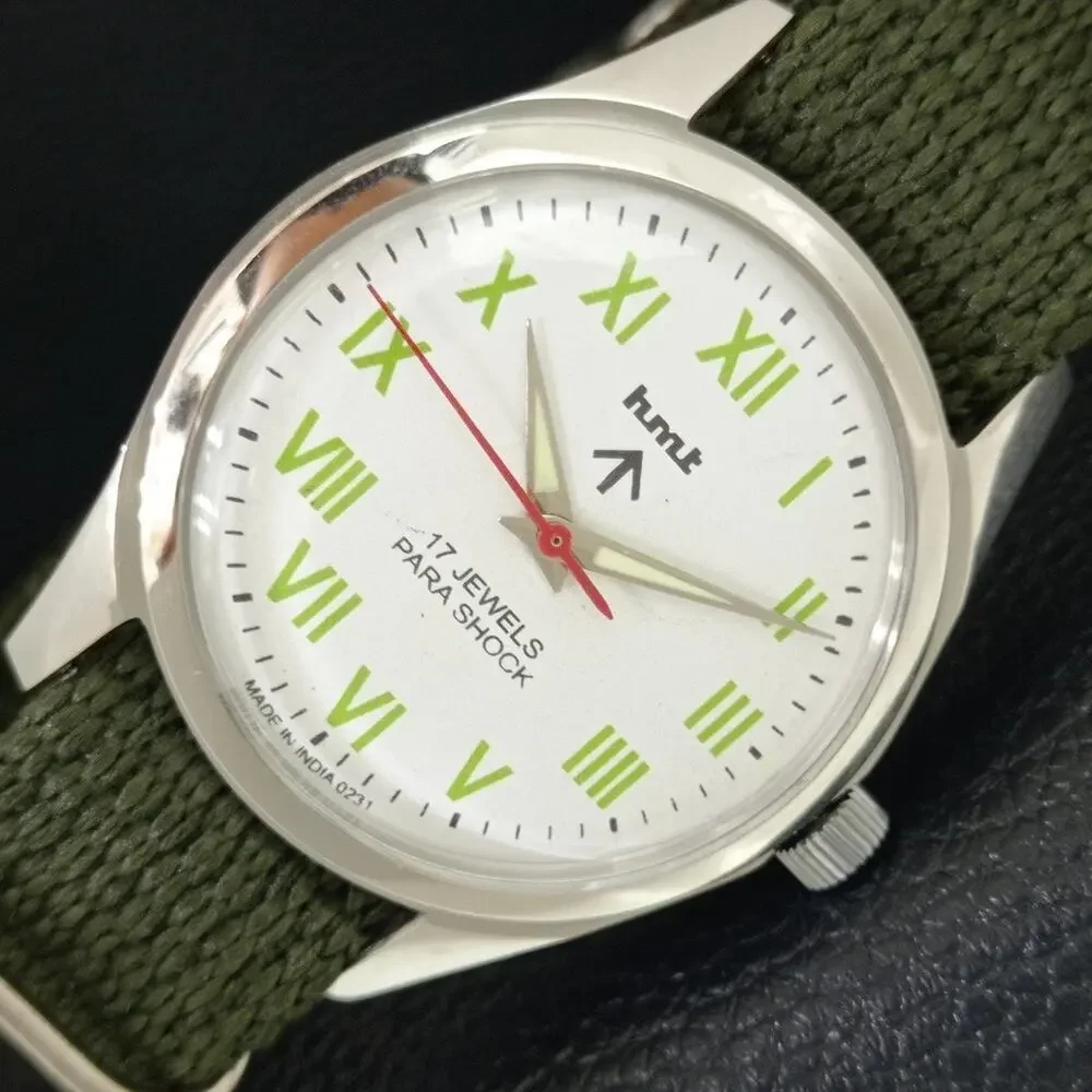 Vintage 1983 HMT Manual Wound Mens Silver Watch & Green accents
